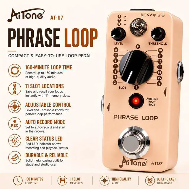 Alt view image 2 of 7 - Guitar Looper Pedal, 48 Memory Slots, Auto Record, 24-Bit (AT-07) | Built for songwriters, practice and recording, with 10-minute tracks, unlimited overdubs and adjustable trigger sensitivity