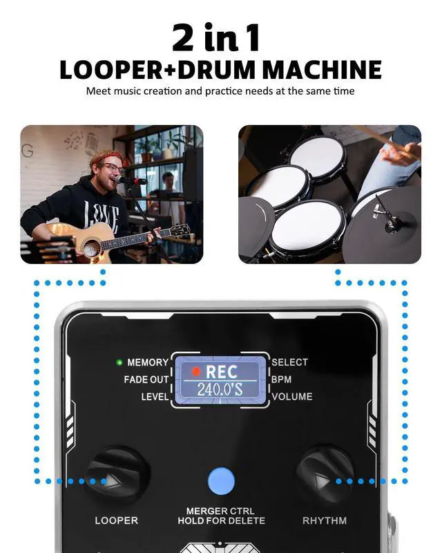 Alt view image 2 of 7 - Circle Loop 2-in-1 Drum Machine & Stereo Looper Pedal for Guitar | 100 drum patterns, 160-minute recording, USB audio upload/download and footswitch control
