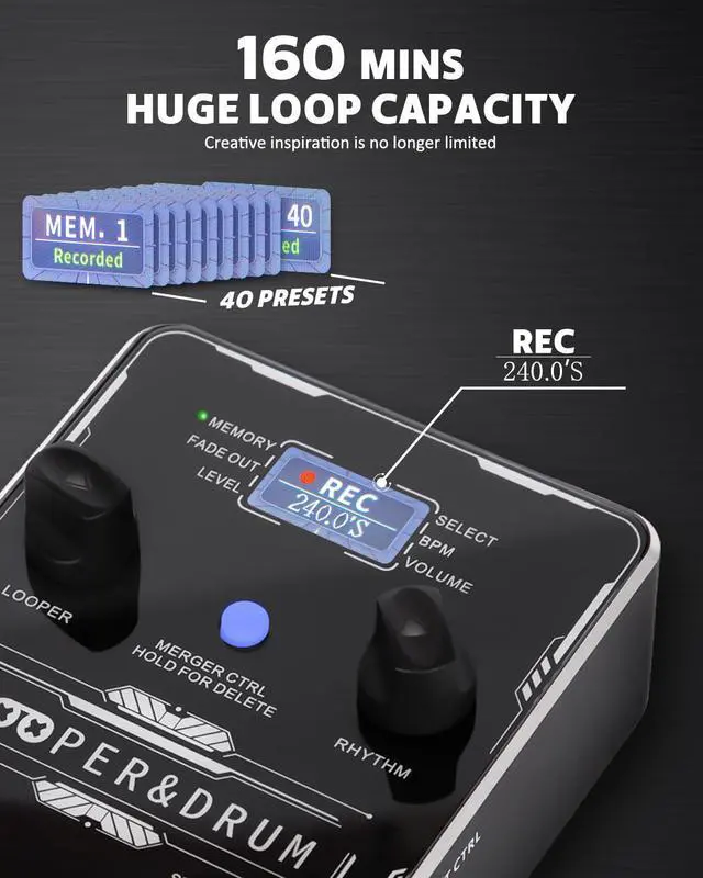 Alt view image 3 of 7 - Circle Loop 2-in-1 Drum Machine & Stereo Looper Pedal for Guitar | 100 drum patterns, 160-minute recording, USB audio upload/download and footswitch control