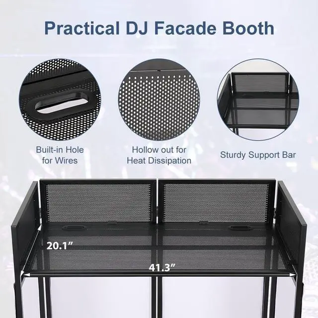 Alt view image 2 of 7 - Portable DJ Booth 41"L x 20"W DJ Facade with White & Black Scrim, Foldable DJ Table Station with Adjustable Feet for Party, Black Metal Frame