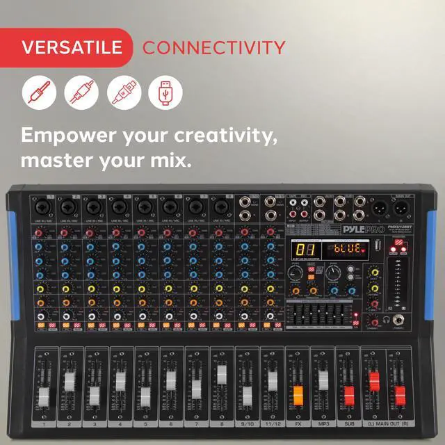 Alt view image 5 of 7 - 12-Channel Console Style Audio Mixer with Bluetooth - DJ Sound Controller, 8 XLR / Combo Inputs, Sub Out, +48V Phantom, USB-A In, 16 DSP Effects, MP3 Player, 7-Band EQ - PMXU128BT