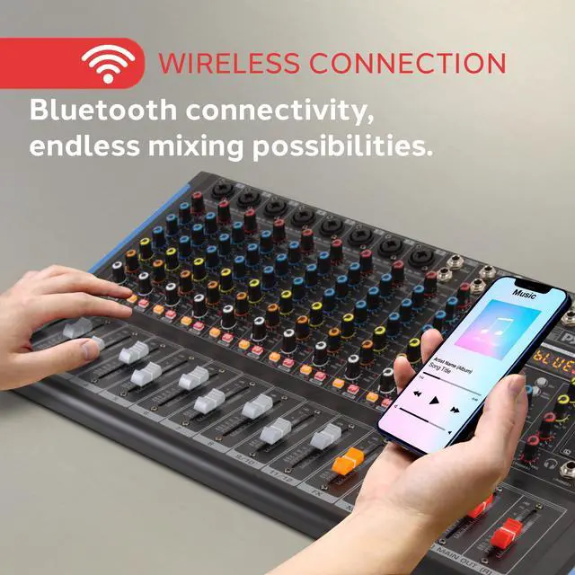 Alt view image 6 of 7 - 12-Channel Console Style Audio Mixer with Bluetooth - DJ Sound Controller, 8 XLR / Combo Inputs, Sub Out, +48V Phantom, USB-A In, 16 DSP Effects, MP3 Player, 7-Band EQ - PMXU128BT