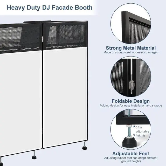 Alt view image 3 of 7 - Portable DJ Booth 41"L x 20"W DJ Facade with White & Black Scrim, Foldable DJ Table Station with Adjustable Feet for Party, Black Metal Frame