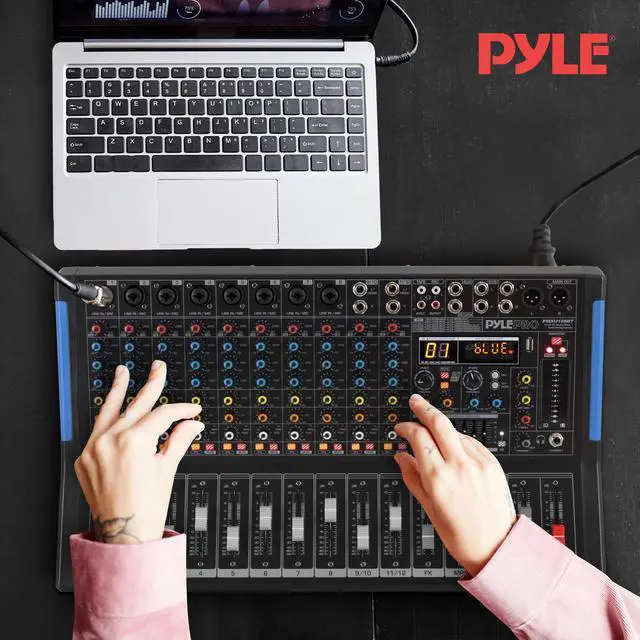 Alt view image 7 of 7 - 12-Channel Console Style Audio Mixer with Bluetooth - DJ Sound Controller, 8 XLR / Combo Inputs, Sub Out, +48V Phantom, USB-A In, 16 DSP Effects, MP3 Player, 7-Band EQ - PMXU128BT