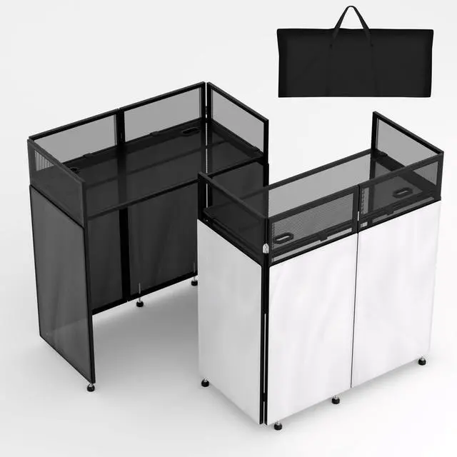 Main image of Portable DJ Booth 41"L x 20"W DJ Facade with White & Black Scrim, Foldable DJ Table Station with Adjustable Feet for Party, Black Metal Frame