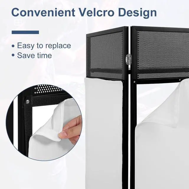 Alt view image 4 of 7 - Portable DJ Booth 41"L x 20"W DJ Facade with White & Black Scrim, Foldable DJ Table Station with Adjustable Feet for Party, Black Metal Frame