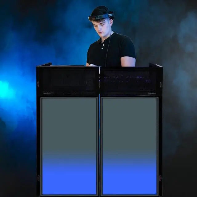 Alt view image 6 of 7 - Portable DJ Booth 41"L x 20"W DJ Facade with White & Black Scrim, Foldable DJ Table Station with Adjustable Feet for Party, Black Metal Frame