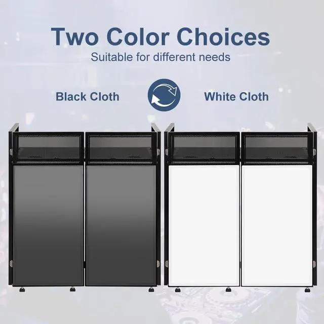Alt view image 5 of 7 - Portable DJ Booth 41"L x 20"W DJ Facade with White & Black Scrim, Foldable DJ Table Station with Adjustable Feet for Party, Black Metal Frame