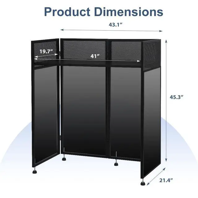 Alt view image 7 of 7 - Portable DJ Booth 41"L x 20"W DJ Facade with White & Black Scrim, Foldable DJ Table Station with Adjustable Feet for Party, Black Metal Frame