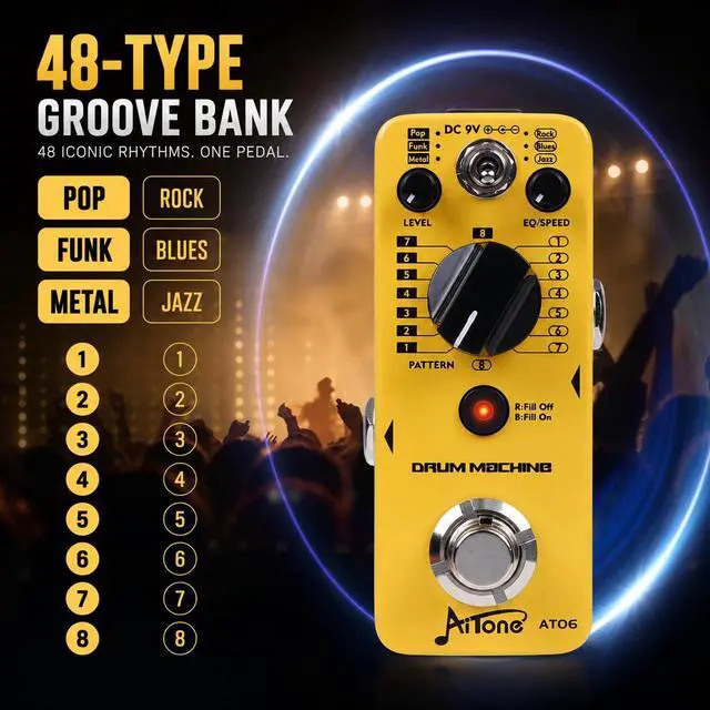 Alt view image 4 of 7 - AT-06 Drum Machine Guitar Pedal with Real-Time Fill Function 48 Drum Grooves 6 Music Styles & Tap Tempo EQ Presets for Electric Guitar