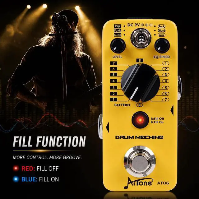 Alt view image 5 of 7 - AT-06 Drum Machine Guitar Pedal with Real-Time Fill Function 48 Drum Grooves 6 Music Styles & Tap Tempo EQ Presets for Electric Guitar