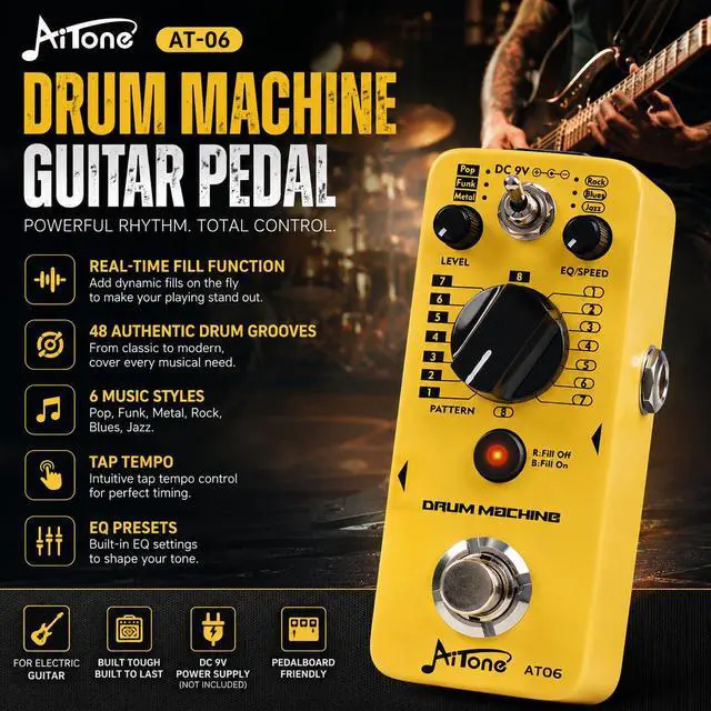 Alt view image 2 of 7 - AT-06 Drum Machine Guitar Pedal with Real-Time Fill Function 48 Drum Grooves 6 Music Styles & Tap Tempo EQ Presets for Electric Guitar