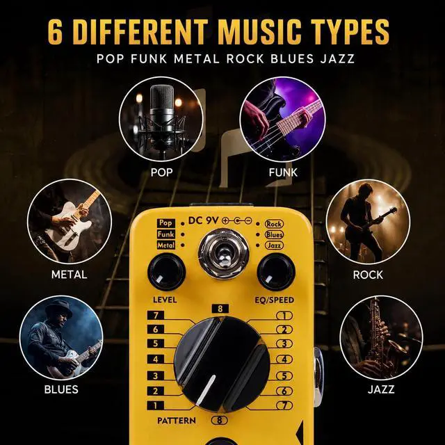 Alt view image 3 of 7 - AT-06 Drum Machine Guitar Pedal with Real-Time Fill Function 48 Drum Grooves 6 Music Styles & Tap Tempo EQ Presets for Electric Guitar