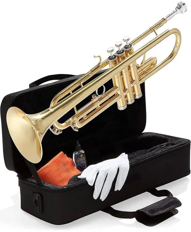 Main image of Bb Standard Trumpet Set for Beginners - Gold | Brass Trumpet Instrument with Hard Case, 7C Mouthpiece, Valve Oil, Cleaning Cloth & Maintenance kit & Gloves