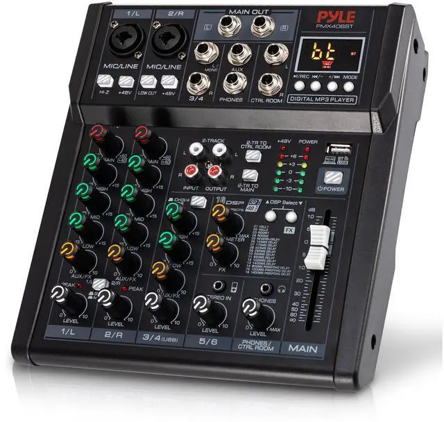Main image of 6 Channel Studio Mixer - Small Footprint, USB - PC Recording, Bluetooth In, MP3 Player, DSP Effects, +48V Phantom Power, XLR Combo Inputs, Control Room Out, Smooth Dials and Faders - PMX406ST