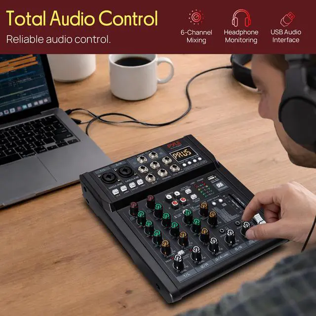 Alt view image 2 of 7 - 6 Channel Studio Mixer - Small Footprint, USB - PC Recording, Bluetooth In, MP3 Player, DSP Effects, +48V Phantom Power, XLR Combo Inputs, Control Room Out, Smooth Dials and Faders - PMX406ST