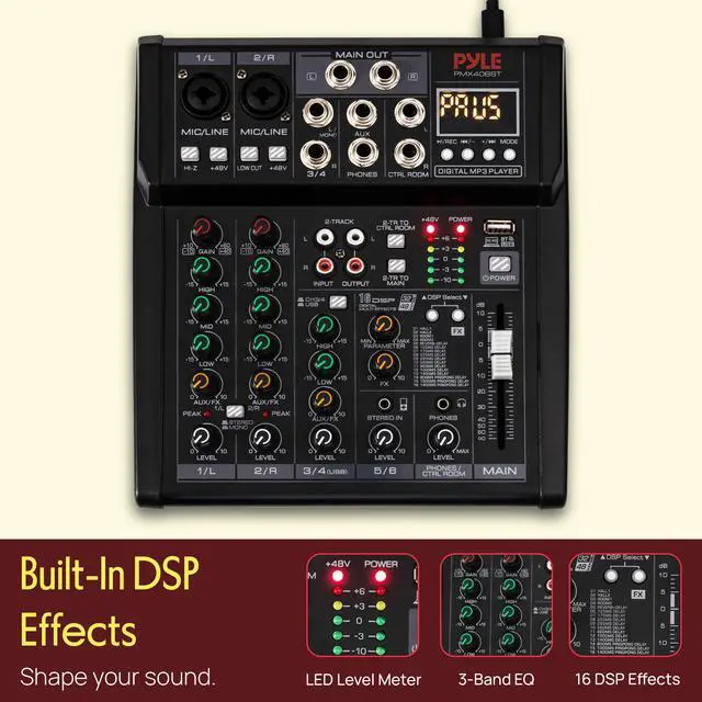 Alt view image 3 of 7 - 6 Channel Studio Mixer - Small Footprint, USB - PC Recording, Bluetooth In, MP3 Player, DSP Effects, +48V Phantom Power, XLR Combo Inputs, Control Room Out, Smooth Dials and Faders - PMX406ST
