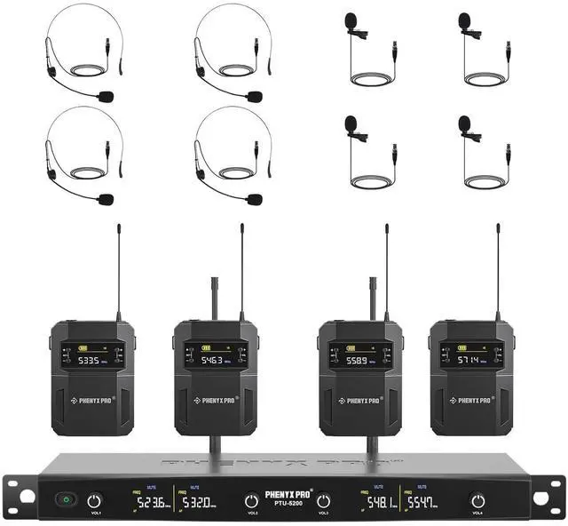 Main image of 4-Ch UHF Headset/Lapel Wireless Microphone System PTU-5200-4B | 4 Bodypacks, 4 x 25 Frequencies, 200 ft Range, Hands-Free Vocals, Stage Performances, Church Services
