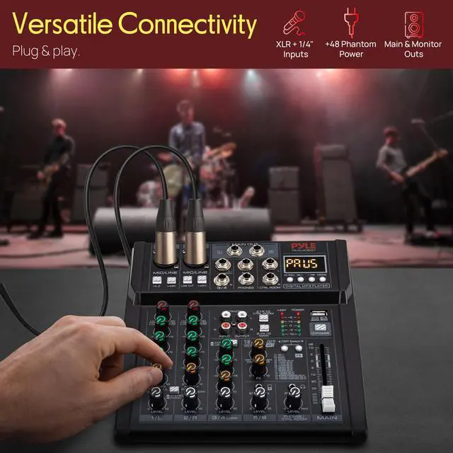 Alt view image 4 of 7 - 6 Channel Studio Mixer - Small Footprint, USB - PC Recording, Bluetooth In, MP3 Player, DSP Effects, +48V Phantom Power, XLR Combo Inputs, Control Room Out, Smooth Dials and Faders - PMX406ST