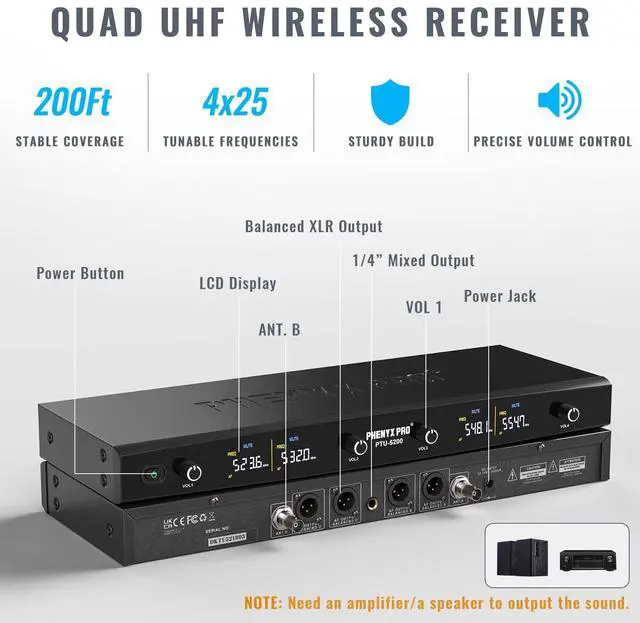 Alt view image 2 of 6 - 4-Ch UHF Headset/Lapel Wireless Microphone System PTU-5200-4B | 4 Bodypacks, 4 x 25 Frequencies, 200 ft Range, Hands-Free Vocals, Stage Performances, Church Services