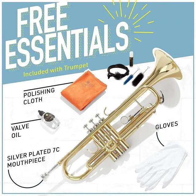 Alt view image 7 of 7 - Bb Standard Trumpet Set for Beginners - Gold | Brass Trumpet Instrument with Hard Case, 7C Mouthpiece, Valve Oil, Cleaning Cloth & Maintenance kit & Gloves