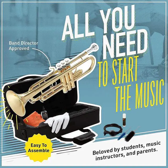 Alt view image 6 of 7 - Bb Standard Trumpet Set for Beginners - Gold | Brass Trumpet Instrument with Hard Case, 7C Mouthpiece, Valve Oil, Cleaning Cloth & Maintenance kit & Gloves