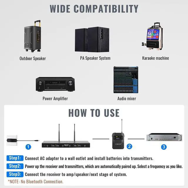Alt view image 5 of 6 - 4-Ch UHF Headset/Lapel Wireless Microphone System PTU-5200-4B | 4 Bodypacks, 4 x 25 Frequencies, 200 ft Range, Hands-Free Vocals, Stage Performances, Church Services