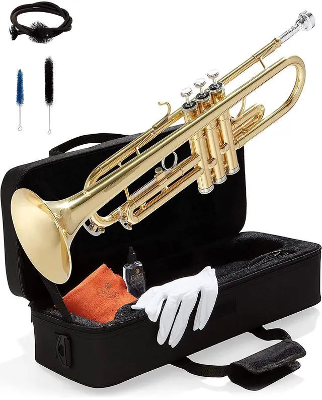 Main image of Bb Standard Trumpet Set for Beginners - Golden | Brass Trumpet Instrument with Hard Case, 7C Mouthpiece, Valve Oil, Cleaning Cloth & Maintenance kit & Gloves