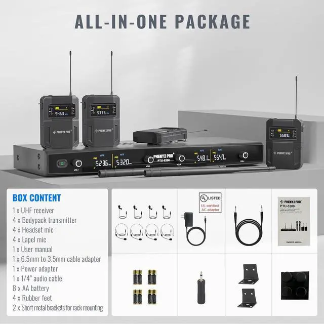 Alt view image 6 of 6 - 4-Ch UHF Headset/Lapel Wireless Microphone System PTU-5200-4B | 4 Bodypacks, 4 x 25 Frequencies, 200 ft Range, Hands-Free Vocals, Stage Performances, Church Services
