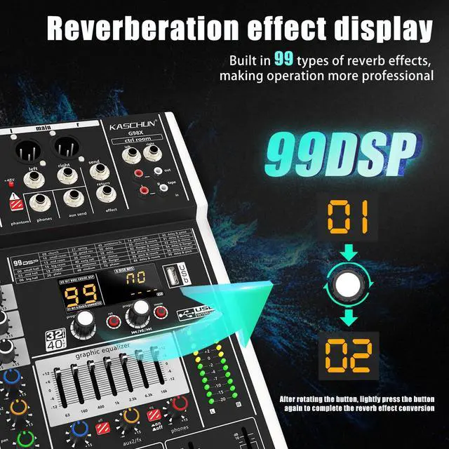Alt view image 2 of 7 - 8-Channel DJ Audio Mixer with Bluetooth & 48V Phantom Power | Built-in 99 DSP Effects & 7-Band EQ, USB Recording Mixing Console for Live Streaming, Podcast, Recording, Karaoke & Stage