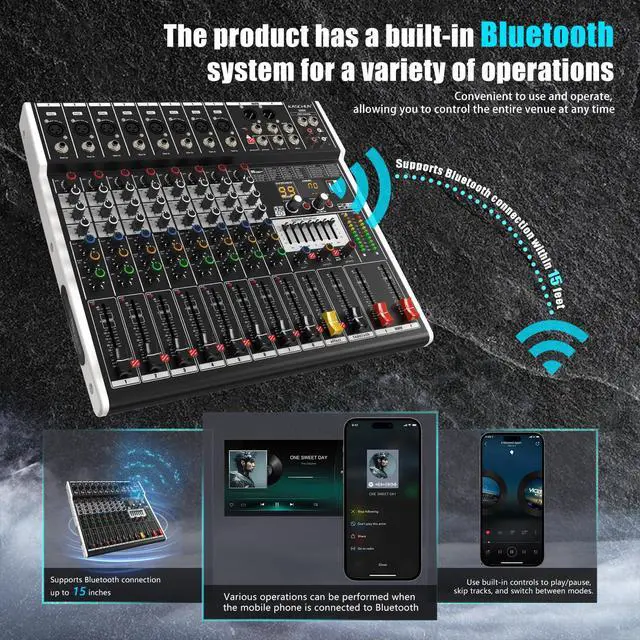 Alt view image 4 of 7 - 8-Channel DJ Audio Mixer with Bluetooth & 48V Phantom Power | Built-in 99 DSP Effects & 7-Band EQ, USB Recording Mixing Console for Live Streaming, Podcast, Recording, Karaoke & Stage