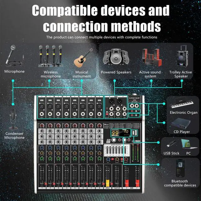 Alt view image 6 of 7 - 8-Channel DJ Audio Mixer with Bluetooth & 48V Phantom Power | Built-in 99 DSP Effects & 7-Band EQ, USB Recording Mixing Console for Live Streaming, Podcast, Recording, Karaoke & Stage