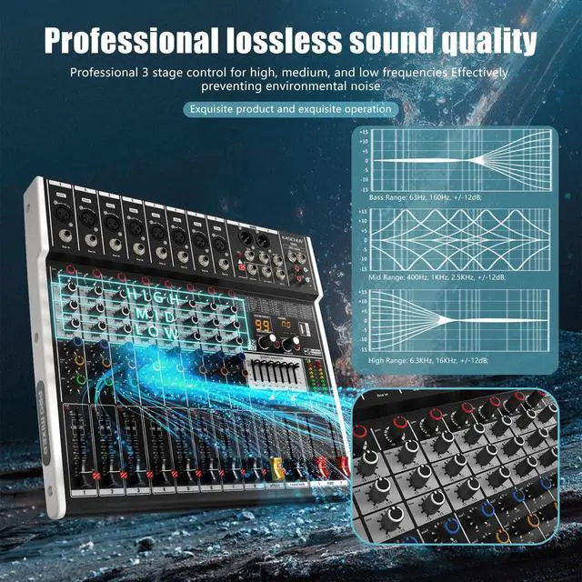 Alt view image 5 of 7 - 8-Channel DJ Audio Mixer with Bluetooth & 48V Phantom Power | Built-in 99 DSP Effects & 7-Band EQ, USB Recording Mixing Console for Live Streaming, Podcast, Recording, Karaoke & Stage
