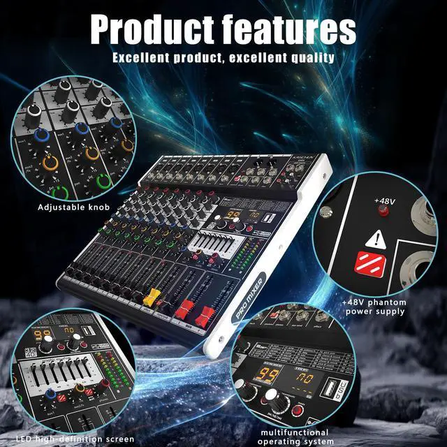 Alt view image 7 of 7 - 8-Channel DJ Audio Mixer with Bluetooth & 48V Phantom Power | Built-in 99 DSP Effects & 7-Band EQ, USB Recording Mixing Console for Live Streaming, Podcast, Recording, Karaoke & Stage