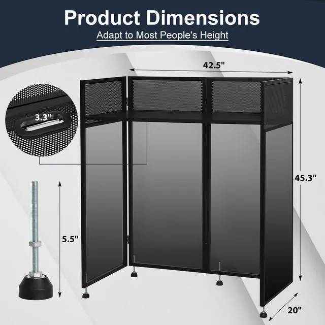 Alt view image 2 of 7 - Portable DJ Booth 43"L x 20"W x 45"H, DJ Facade Booth with Black & White Scrims, Folding DJ Booth for Party, DJ Facade Table Booth with Cable Hole, Black Metal Frame + Carry Bag