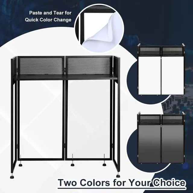 Alt view image 4 of 7 - Portable DJ Booth 43"L x 20"W x 45"H, DJ Facade Booth with Black & White Scrims, Folding DJ Booth for Party, DJ Facade Table Booth with Cable Hole, Black Metal Frame + Carry Bag