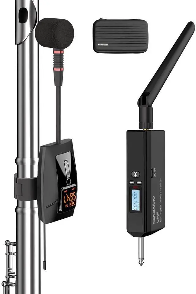 Main image of Wireless Flute Microphone System, UHF Wind Music Instruments Microphone with Rechargeable Receiver and Transmitter 196ft Range, Professional Tubular Instrument Clip Great for Flute, Piccolo