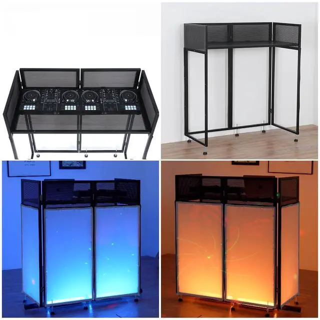 Alt view image 6 of 7 - Portable DJ Booth 43"L x 20"W x 45"H, DJ Facade Booth with Black & White Scrims, Folding DJ Booth for Party, DJ Facade Table Booth with Cable Hole, Black Metal Frame + Carry Bag