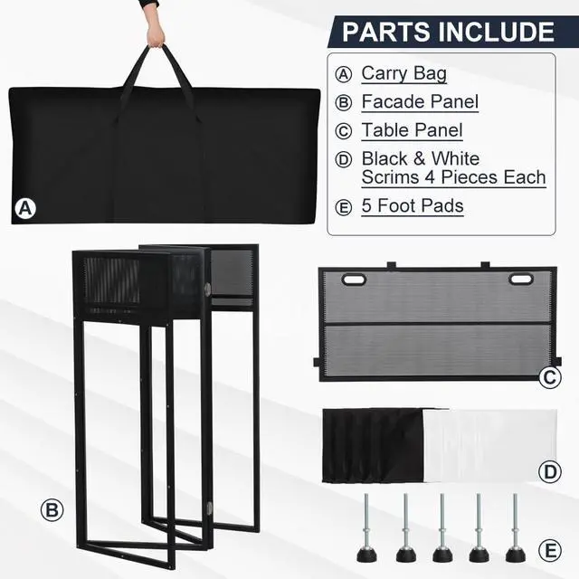 Alt view image 7 of 7 - Portable DJ Booth 43"L x 20"W x 45"H, DJ Facade Booth with Black & White Scrims, Folding DJ Booth for Party, DJ Facade Table Booth with Cable Hole, Black Metal Frame + Carry Bag