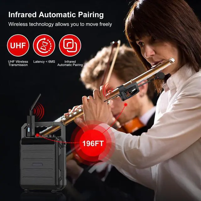 Alt view image 2 of 7 - Wireless Flute Microphone System, UHF Wind Music Instruments Microphone with Rechargeable Receiver and Transmitter 196ft Range, Professional Tubular Instrument Clip Great for Flute, Piccolo