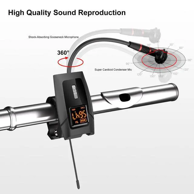 Alt view image 6 of 7 - Wireless Flute Microphone System, UHF Wind Music Instruments Microphone with Rechargeable Receiver and Transmitter 196ft Range, Professional Tubular Instrument Clip Great for Flute, Piccolo