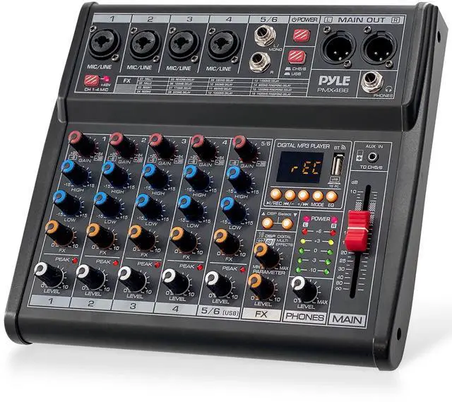 Main image of Professional Bluetooth DJ Audio Mixer - 6-Channel DJ Controller Sound Mixer w/DSP 16 Preset Effects, USB Interface, 4 XLR Mic/Line Input, AUX, FX Processor MP3 Player, Headphone Jack - PMX466