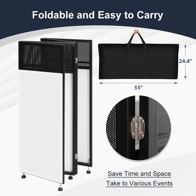 Alt view image 5 of 7 - Portable DJ Booth 43"L x 20"W x 45"H, DJ Facade Booth with Black & White Scrims, Folding DJ Booth for Party, DJ Facade Table Booth with Cable Hole, Black Metal Frame + Carry Bag