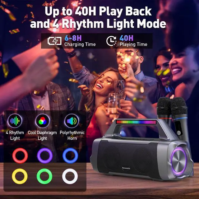 Alt view image 3 of 7 - Karaoke Machine with Two Wireless Microphones,Portable Bluetooth Speaker for 100W Stereo Sound, IPX7 Waterproof Speaker with Remote Control Supports for USB,AUX,TWS,40H Playtime,BT 5.3,Rhythm Light