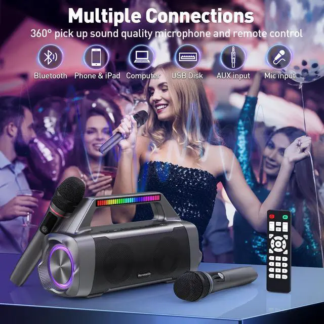 Alt view image 5 of 7 - Karaoke Machine with Two Wireless Microphones,Portable Bluetooth Speaker for 100W Stereo Sound, IPX7 Waterproof Speaker with Remote Control Supports for USB,AUX,TWS,40H Playtime,BT 5.3,Rhythm Light