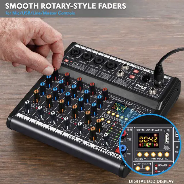 Alt view image 3 of 7 - Professional Bluetooth DJ Audio Mixer - 6-Channel DJ Controller Sound Mixer w/DSP 16 Preset Effects, USB Interface, 4 XLR Mic/Line Input, AUX, FX Processor MP3 Player, Headphone Jack - PMX466