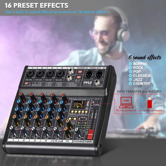 Alt view image 5 of 7 - Professional Bluetooth DJ Audio Mixer - 6-Channel DJ Controller Sound Mixer w/DSP 16 Preset Effects, USB Interface, 4 XLR Mic/Line Input, AUX, FX Processor MP3 Player, Headphone Jack - PMX466
