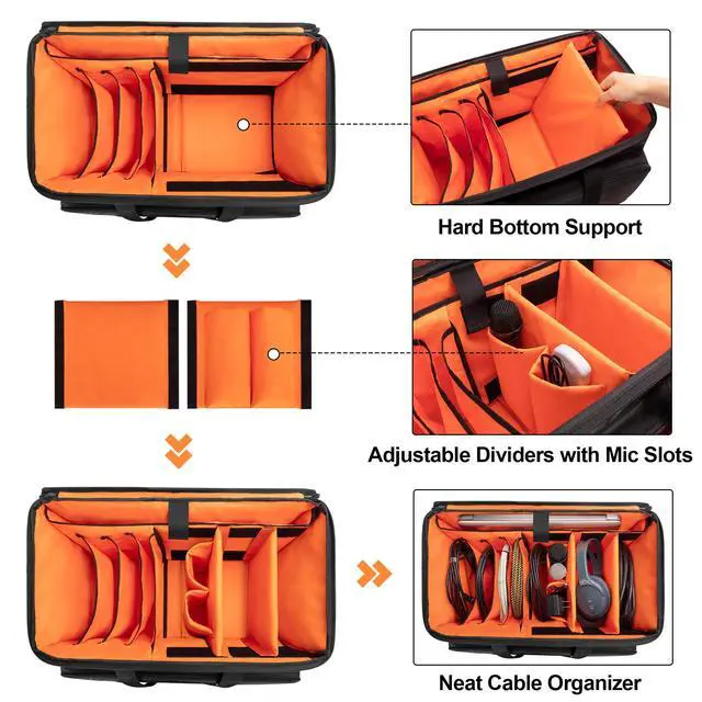 Alt view image 2 of 7 - Rolling DJ Cable File Bag, Travel Gig Bag with Hard Padded Bottom | with Detachable Dividers and Dolly, for Professional DJ Gear, Musical Instrument and Accessories