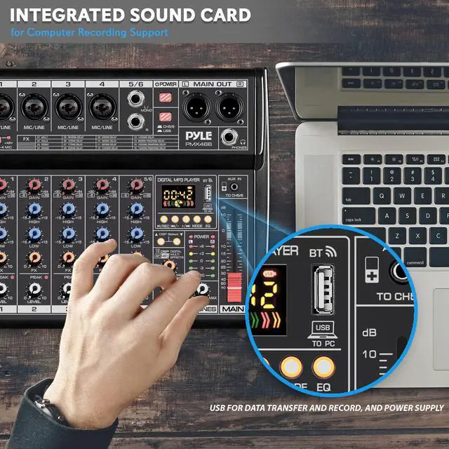 Alt view image 4 of 7 - Professional Bluetooth DJ Audio Mixer - 6-Channel DJ Controller Sound Mixer w/DSP 16 Preset Effects, USB Interface, 4 XLR Mic/Line Input, AUX, FX Processor MP3 Player, Headphone Jack - PMX466