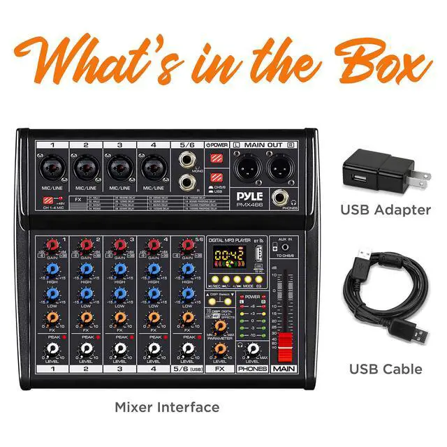 Alt view image 7 of 7 - Professional Bluetooth DJ Audio Mixer - 6-Channel DJ Controller Sound Mixer w/DSP 16 Preset Effects, USB Interface, 4 XLR Mic/Line Input, AUX, FX Processor MP3 Player, Headphone Jack - PMX466